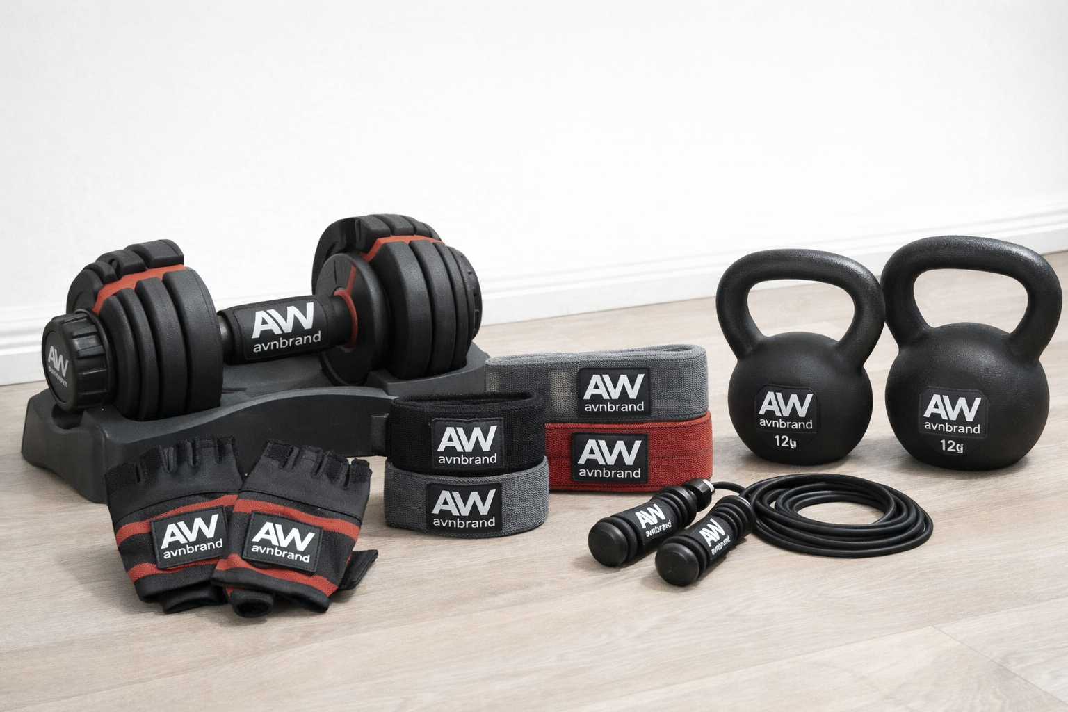 Home workout equipment including resistance bands, hand grippers, and strength training tools by AVN Fitness