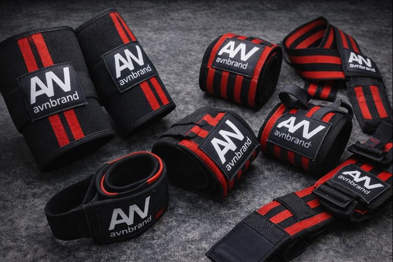 Gym support accessories including knee sleeves, wrist wraps, and weight lifting straps by AVN Fitness